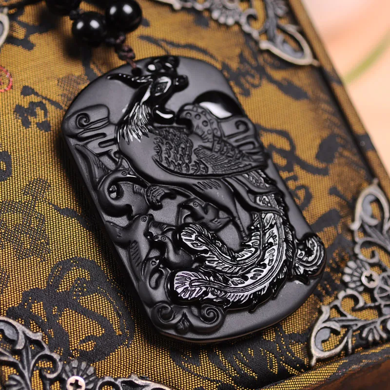 

100% Natural Black Obsidian Stone Carving Chinese Phoenix Pendant Women Men's Amulet Lucky Jades Jewelry Pendants+Beads Necklace