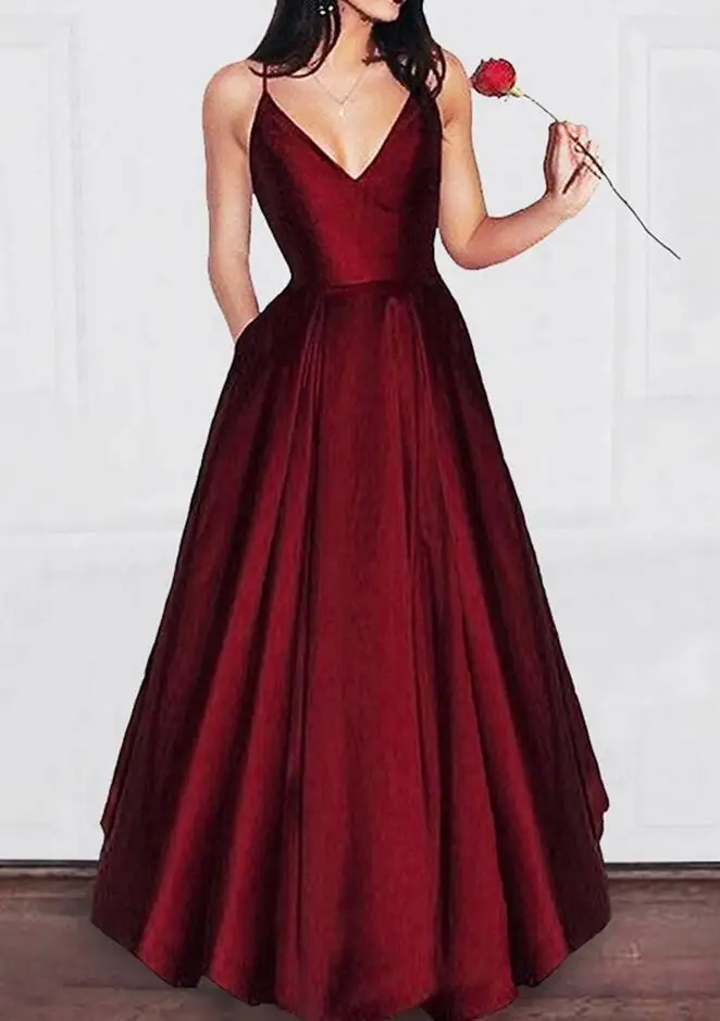 Плюс Размеры элегантное бордовое с V-образным вырезом линии Вечерние платья Спагетти ремень одежда для торжественных случаев, из сатина цвет красного вина вечерние vestido de festa - Цвет: Бургундия