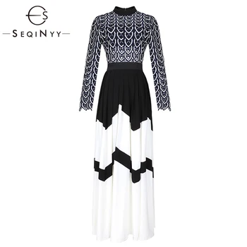 

SEOINYY Vintage Lace Dress 2019 Early Spring Woman's Fashion Geometric Pleated Long Sleeve Elegant Luxurious Floor Length Dress
