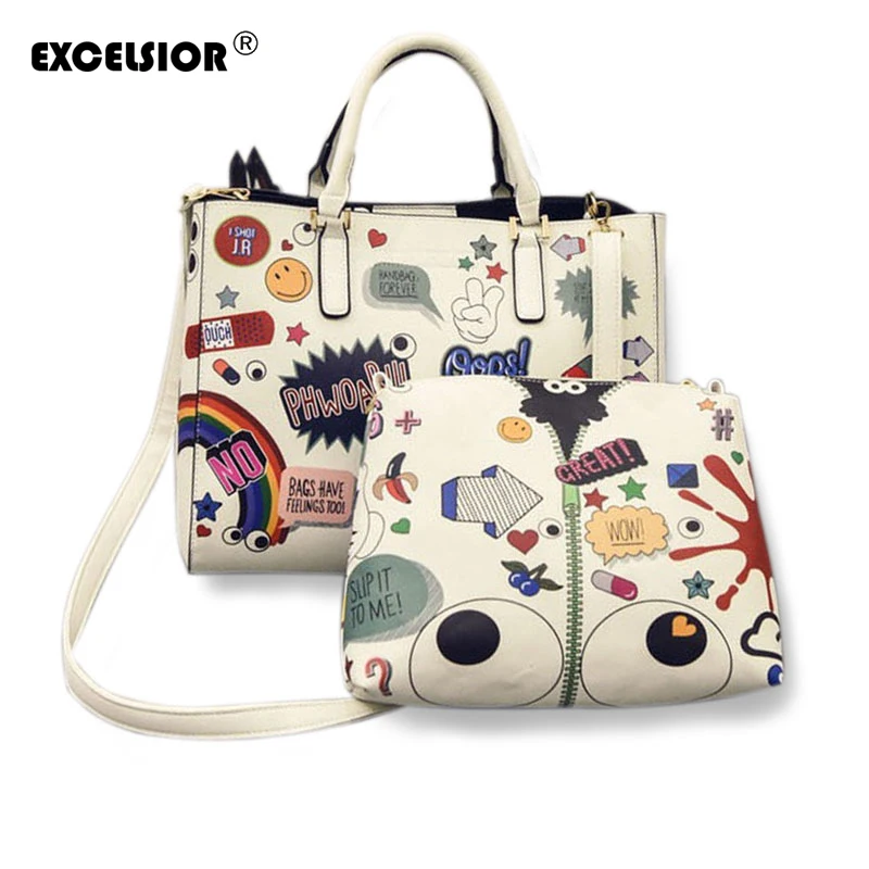 

EXCELSIOR 2pcs/set PU Leather Handbag Women Cartoon Graffiti Big Eyes Print Tote Shoulder Composite Bags Female Messenger Bag