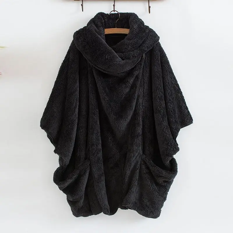 ZANZEA, зимние теплые пушистые куртки, женские пальто с рукавом, женская верхняя одежда на пуговицах, пончо, осенний кардиган размера плюс, топы - Цвет: Черный