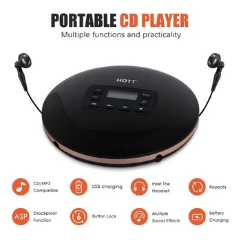 

2019 HOTT Portable CD Player With LCD Headphone Jack Anti-Slip Shockproof Protection Compact CD Music Disc Walkman Player 611