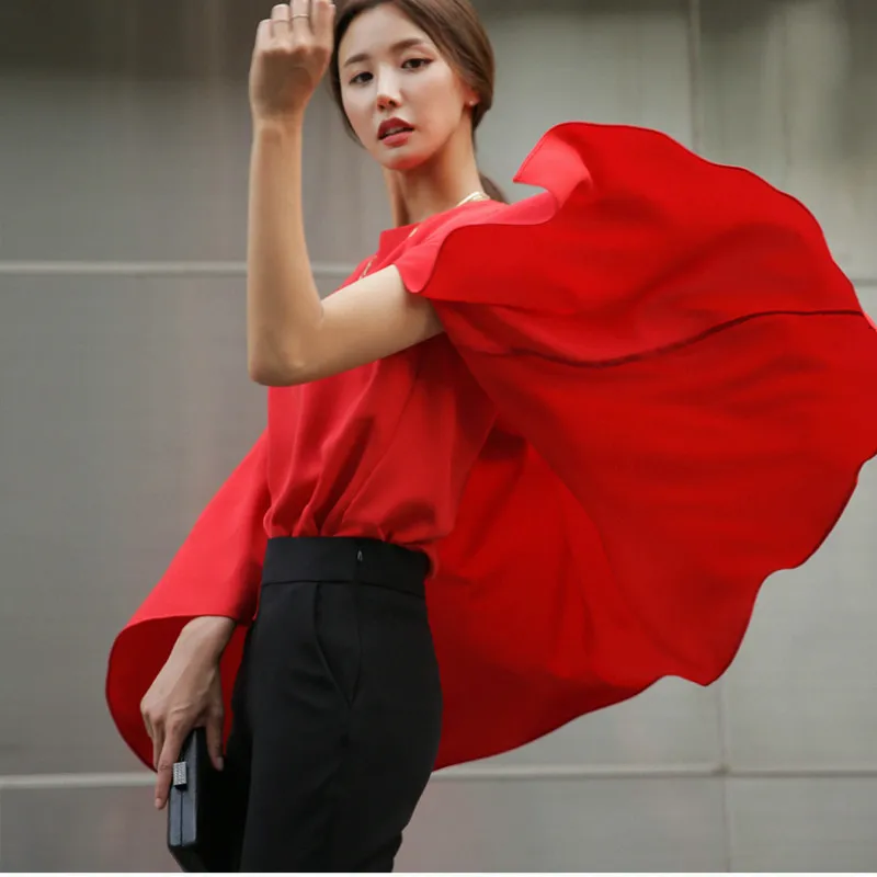 Summer Women Cloak Shirts Lady Office Cloak Tops Woman Red Mantle Shirts Female Cloak Blouses Tops