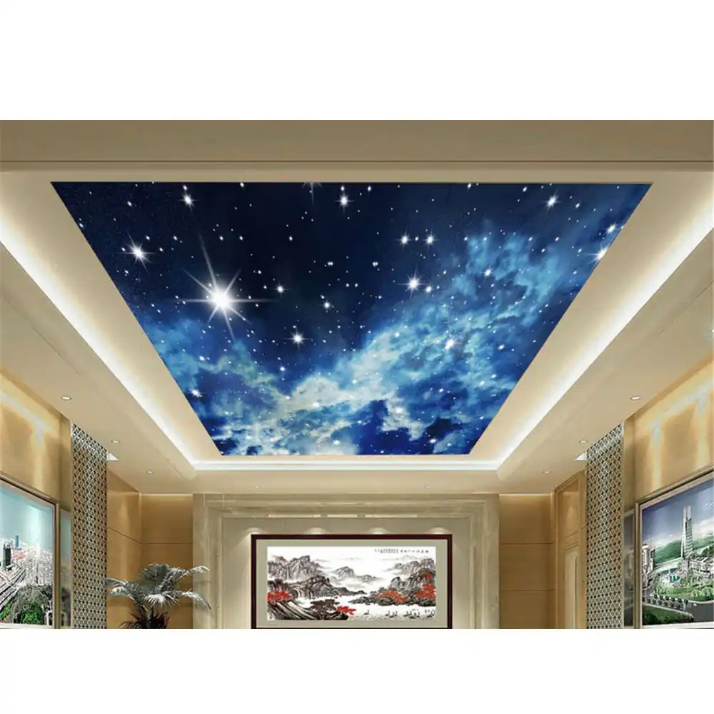 Custom Photo Wallpaper Zenith Ceiling Dark Blue Sky Clouds Stars