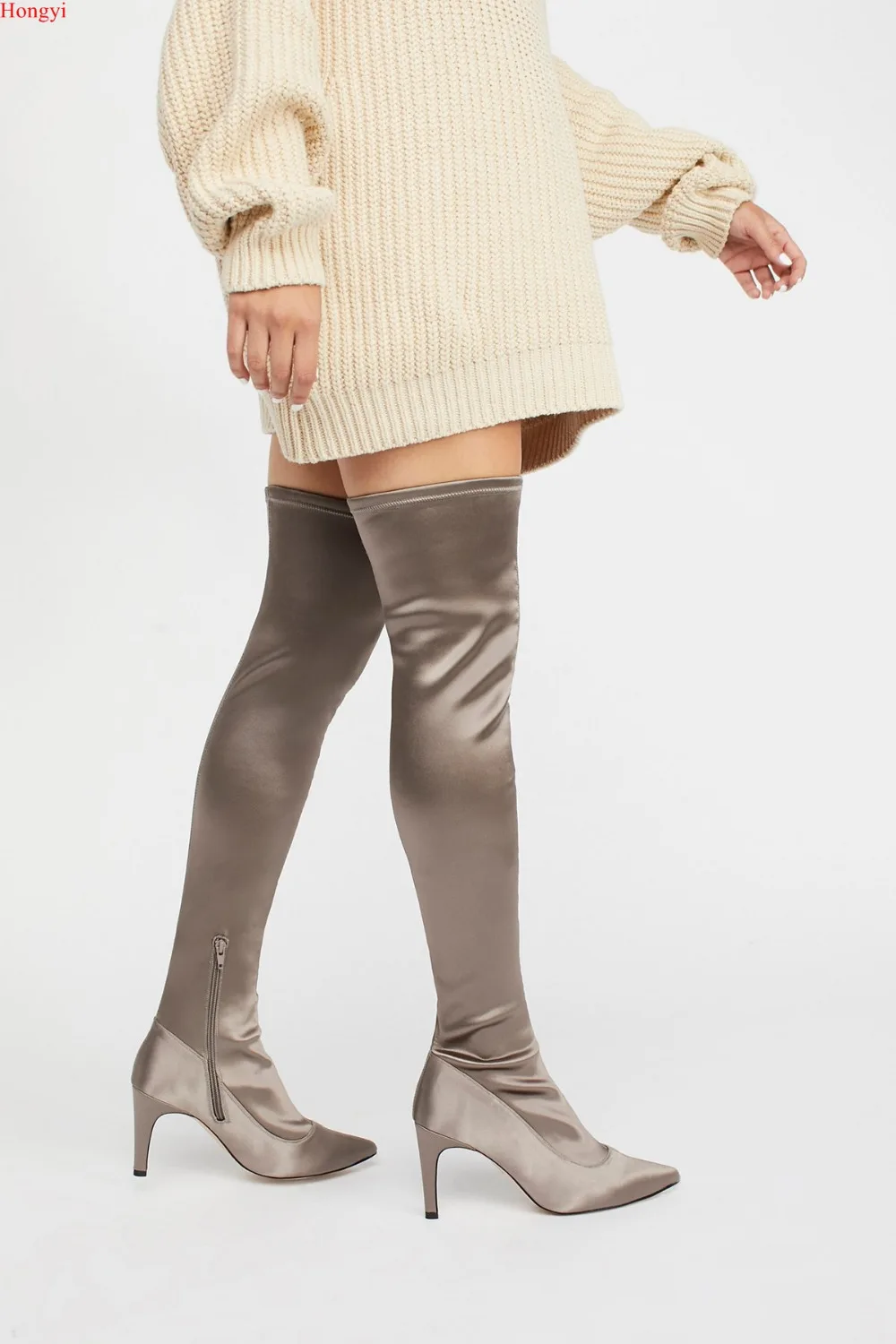 

2017 Winter High Quality Satin Fabric Over The Knee Pointed Toe Boots Women Thigh High Thin heeled Slim Fit Gladiator Booty