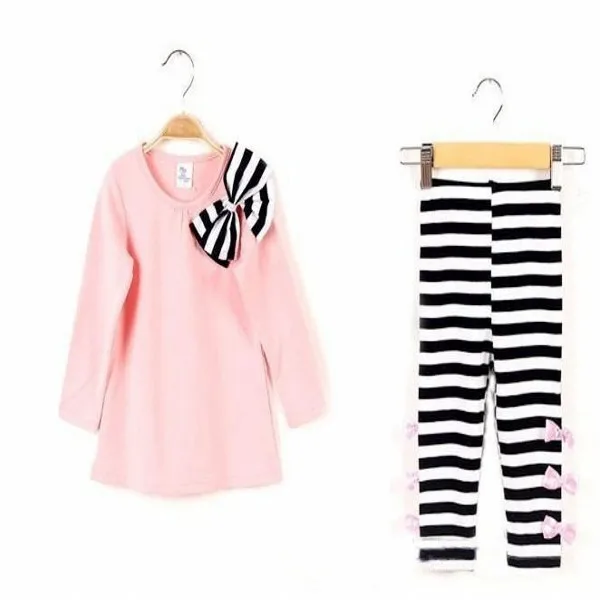 Girl Kids Long Sleeve Children's Sets Shirts+Bow Striped Leggings Suit Set 3-8 Years Outfit | Детская одежда и обувь