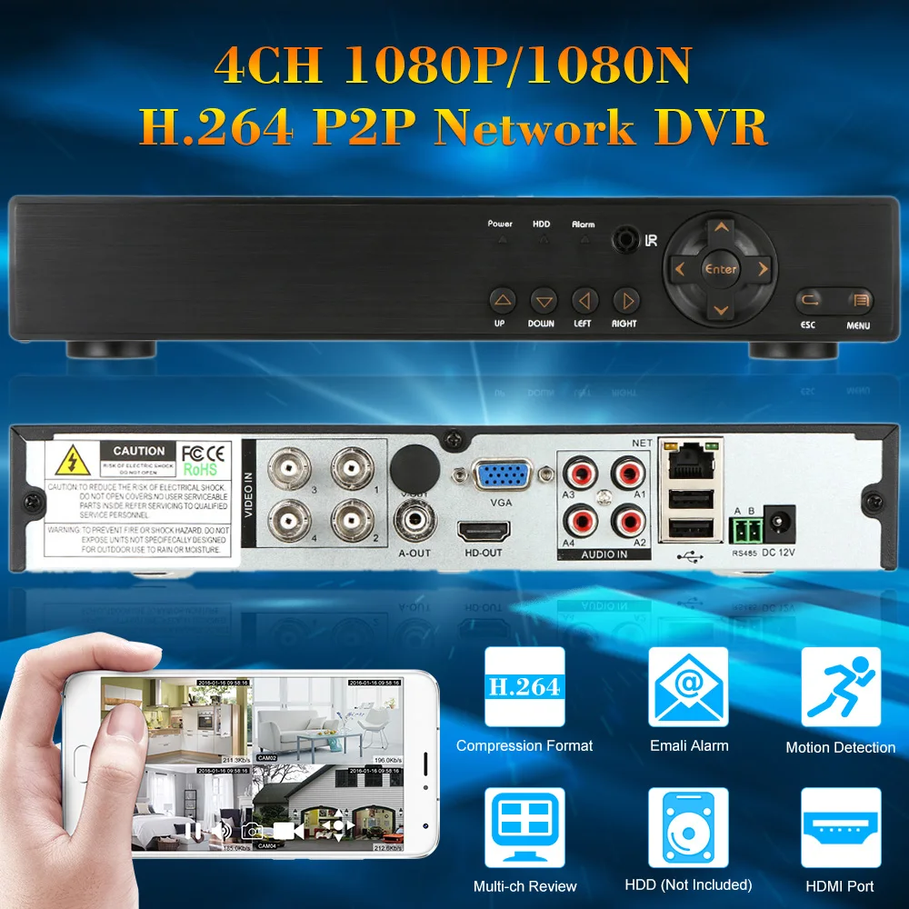  4CH 1080P/1080N P2P CCTV DVR Surveillance System Home Security H.264 Network Video Recorder Motion Detection Android/iOS Access 