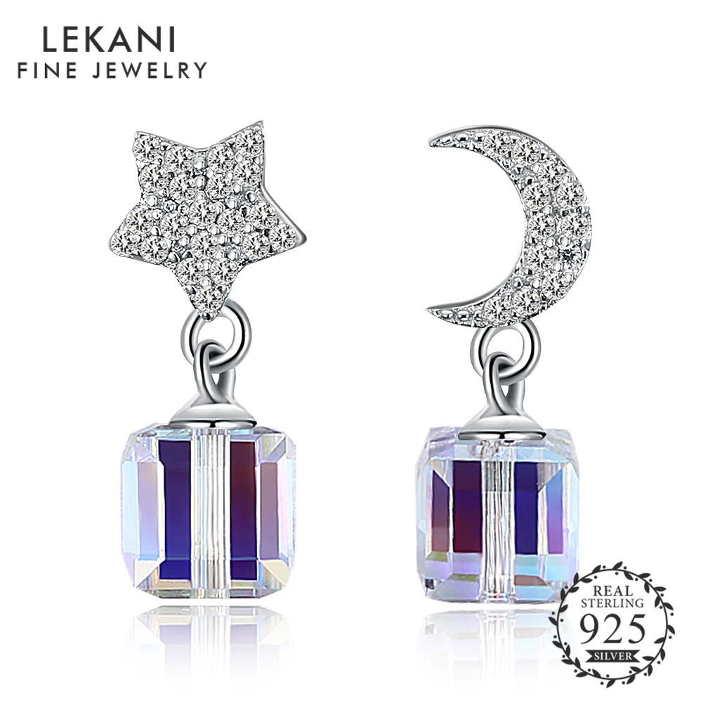

LEKANI Real S925 LEKANI Crystals from Swarovski Asymmetrical Earrings Star Moon Drop Earring for Women Romantic Jewelry Gift NEW