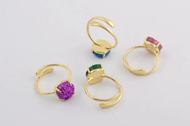 BOROSA 5PCS Gild Claw 10mm Round Natural Agates Druzy Titanium Rainbow Drusy Ring Mixed Colors Druzy Adjustable Rings ZG0414
