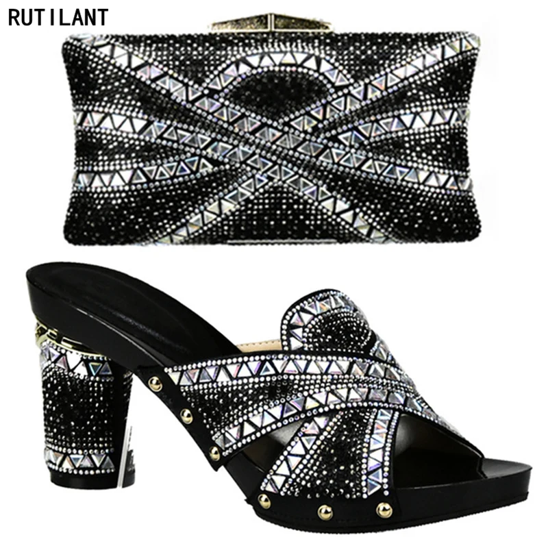 

Black Color Italian Ladies Shoes and Bag Set Decorated with Rhinestone Nigerian Party Shoes and Bag Set High Quality Shoes Bag