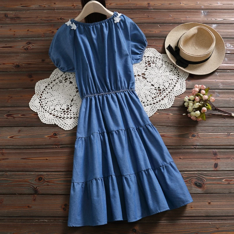 Japan Style Mori Girl Denim Dress Summer Women Short Sleeve Blue Jeans Dresses
