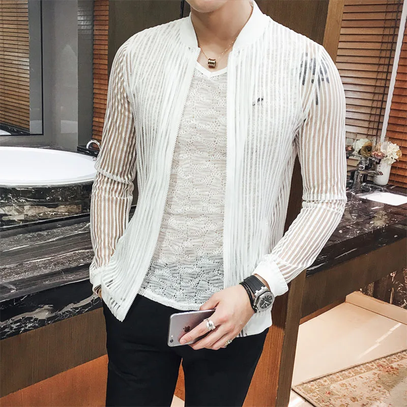 

2018 Summer Men Jacket Thin Slim Fit Long Sleeve Bomber Jackets Transparent Striped Sunscreen Clothing Windbreaker Coat Mens 3XL