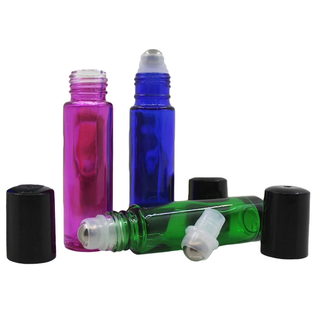 

Thick section 10ml color beads perfume sub-bottle blue ball bottle color 10ml green red bead bottle with steel ball plastic cove