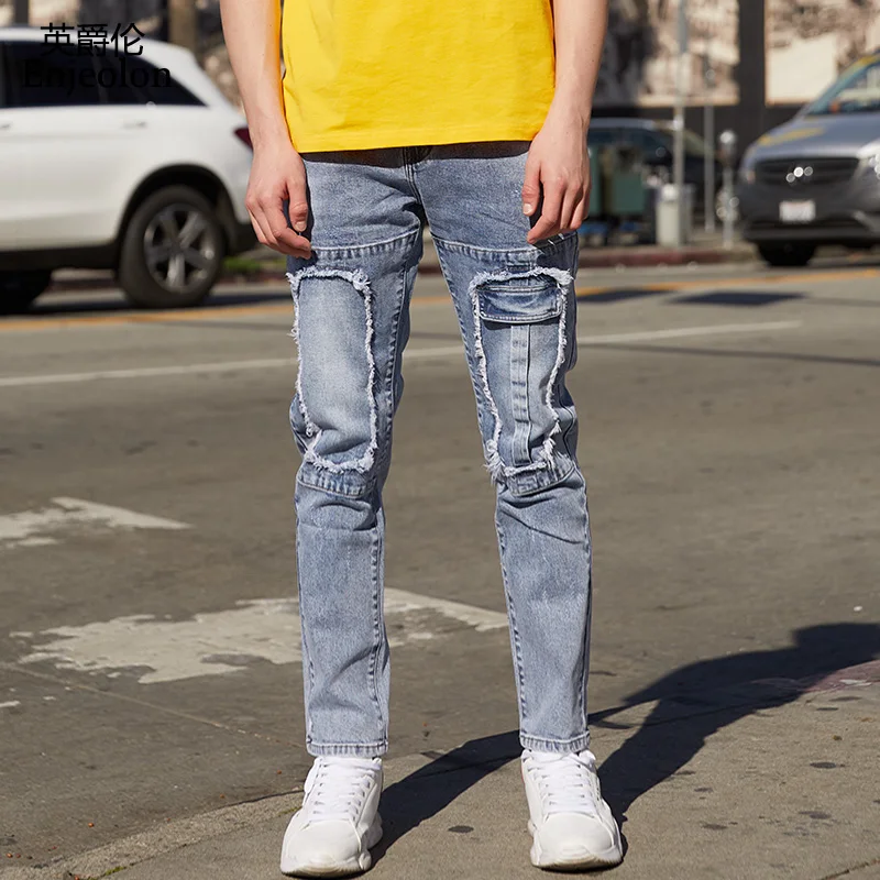 

Enjeolon Men's Jeans Skinny Hip Hop Cool Streetwear Biker Patch Hole Ripped Zipper Jeans Slim Mens Clothes Pencil Homme NZ083