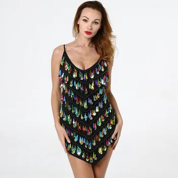 

Sexy Women Low-cut Spaghetti Mini Strap Dance Dress Night Club Lady Fringed Sequins Performance Stage Costume