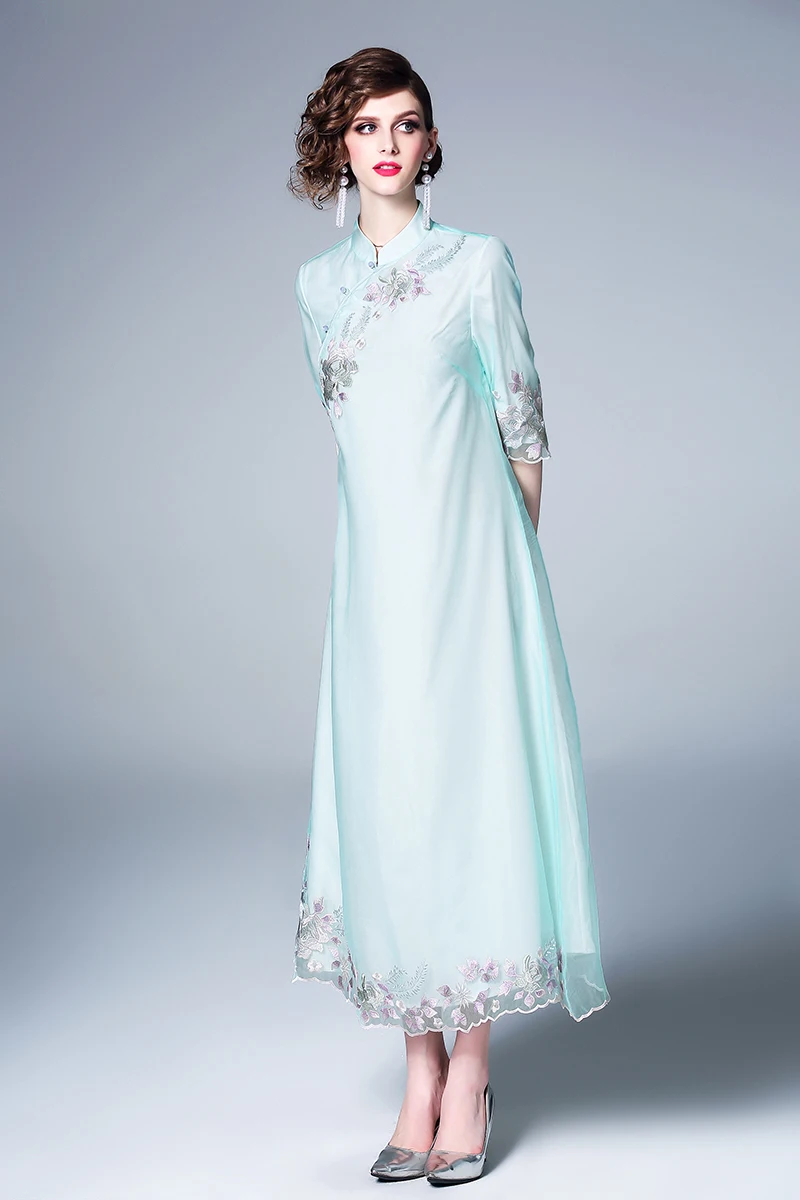 Летние Элегантные Вышивка Cheongsam для женщин Высокое качество китайский стиль довольно Половина рукава воротник стойка свободное платье