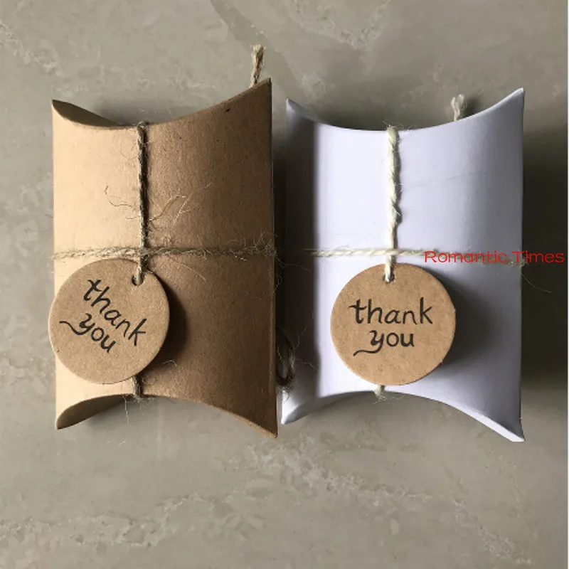

100 x European Little Pillow Style Kraft Paper Wedding Favors Baby Shower Candy Boxes Party Gift Box With Ropes & thank you Tags
