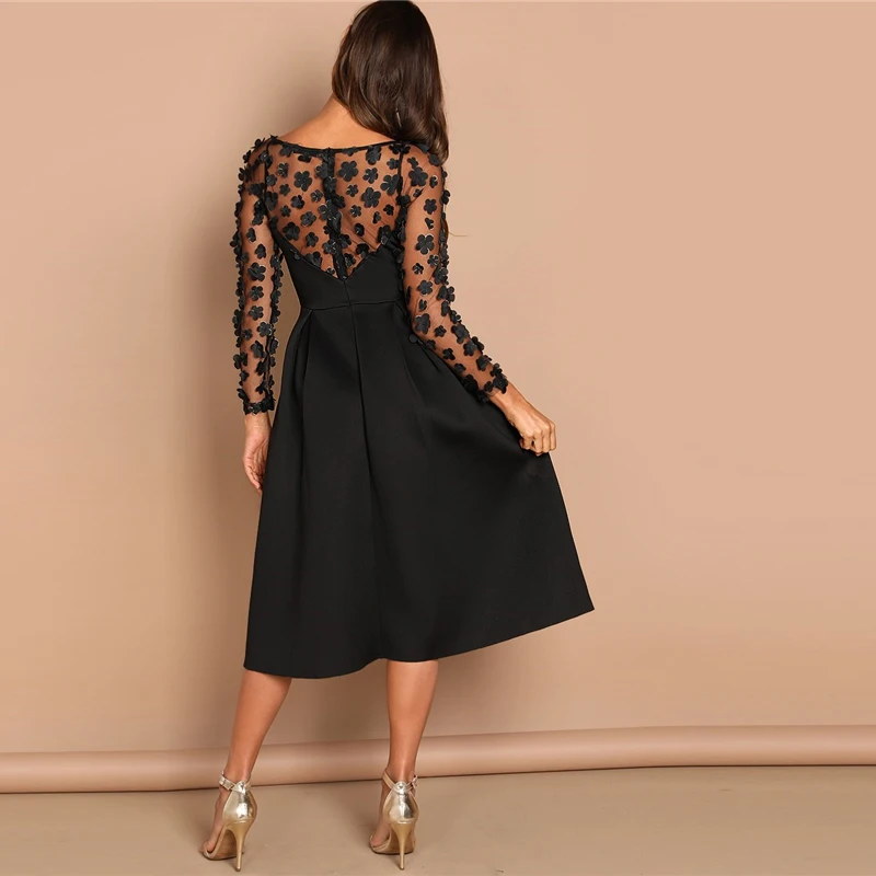 SHEIN Night Out Contrast Mesh Appliques Pleated Square Neck Knee Length Dress Autumn Modern Lady Workwear Women Dresses