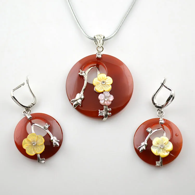 

5pcs Chinese Traditional Plum Blossom Flower Pendant Necklace Natural Red Stone With Yellow Shell Beads Decoration