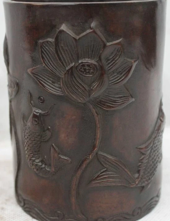 

5"China Chinese Folk Bronze Lucky Lifelike lotus flower cyprinoid brush pot Vase