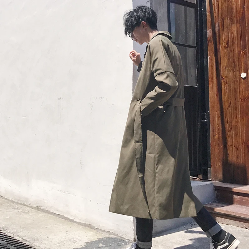 

2019 Spring New Men Fashion Casual Long Loose Solid Color Clothes Tide Adjustable Waist Windbreaker Coat Windbreaker Male M-2XL