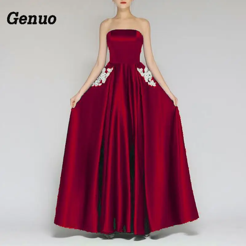 

Genuo Elegant Women Sexy Long Maxi Dress Summer Formal Print Wedding Evening Party strapless Dresses vintage robe longue