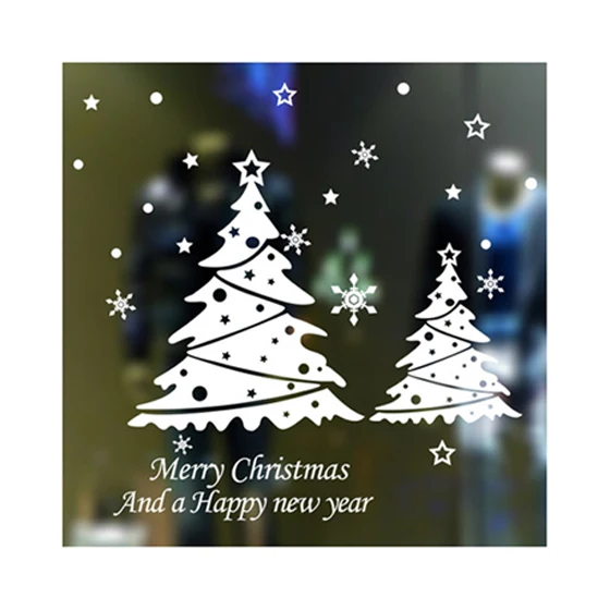 Christmas Shop Window Stickers Glass Tea Shop Waterproof Stickers White Two Christmas tree