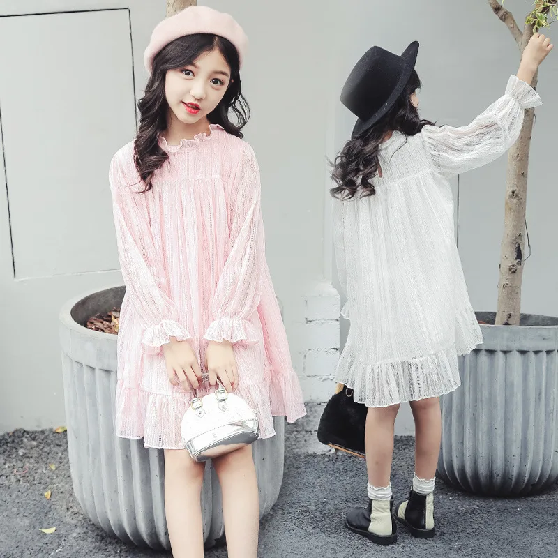 

long sleeve girls princess dress white . 2018 autumn fall lace costume