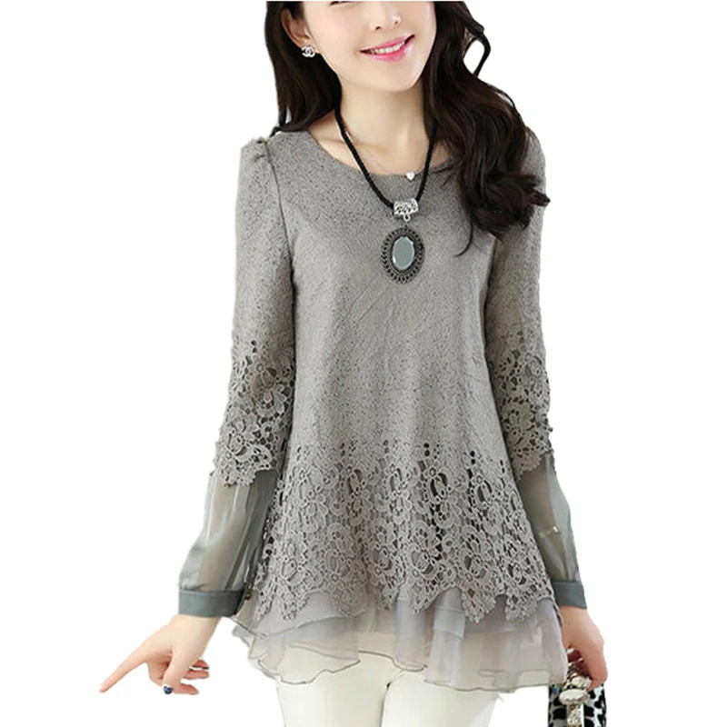 Crochet Lace Ruffle Blouse Spring Autumn Long Sleeve Women Blouses Chiffon Shirts For Casual Camisa Feminina Female Tops | Женская