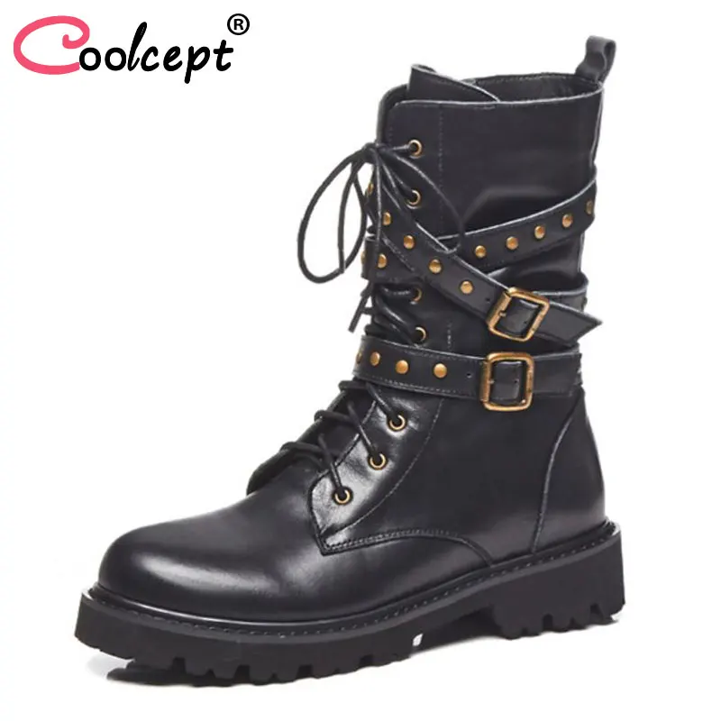 

Coolcept Women High Heels Boots Genuine Leather Shoes Woman Lace Up Warm Fur Shoes Winter Rivets Mid Calf Boots Size 34-40