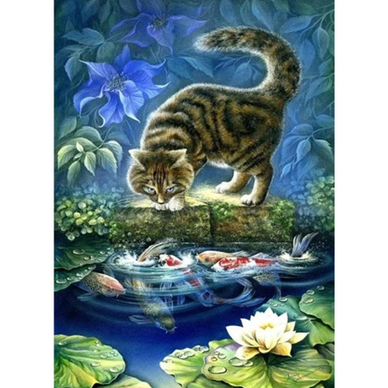 Diamond Cat Painting Sale Round Full Embroidery Drill Mosaic Fish Gift Decor | Дом и сад