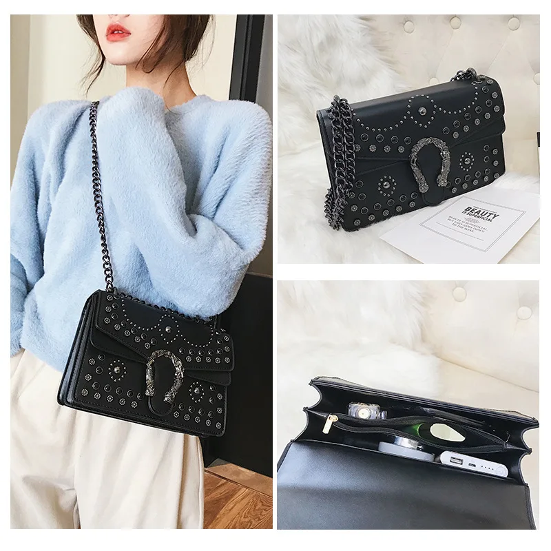 Amorvivi 2019 Handbags Chain bag Small square bag Rivet single shoulder slung portable bags women messenger bags