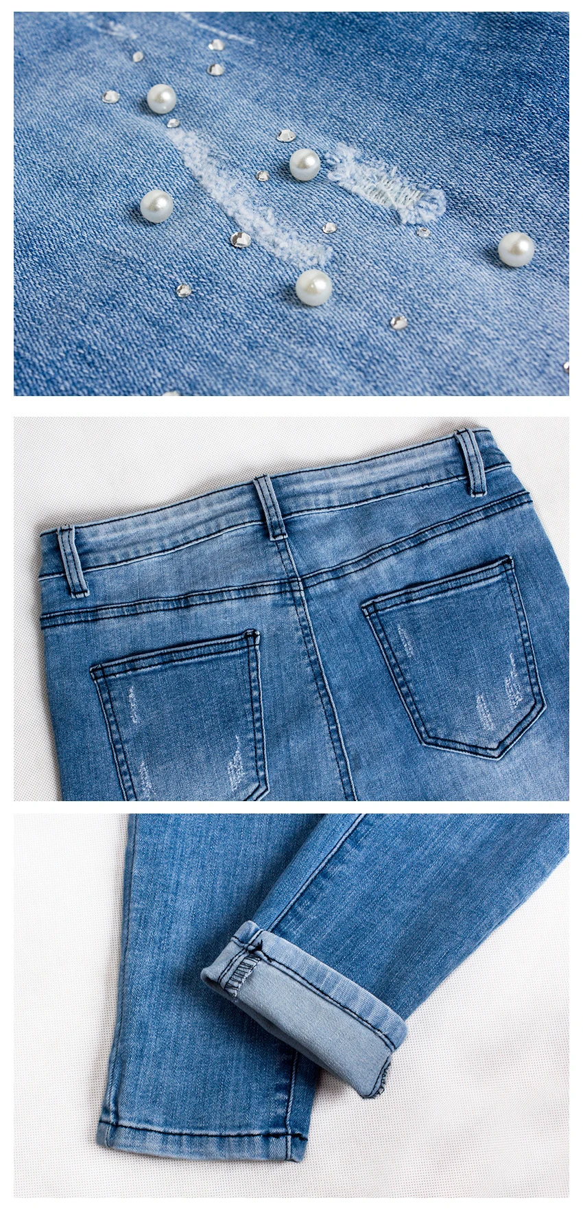 European and American women's wear high-waisted stretch pearl inlays irregularly worn holes wash cat whisker denim trousers (22)