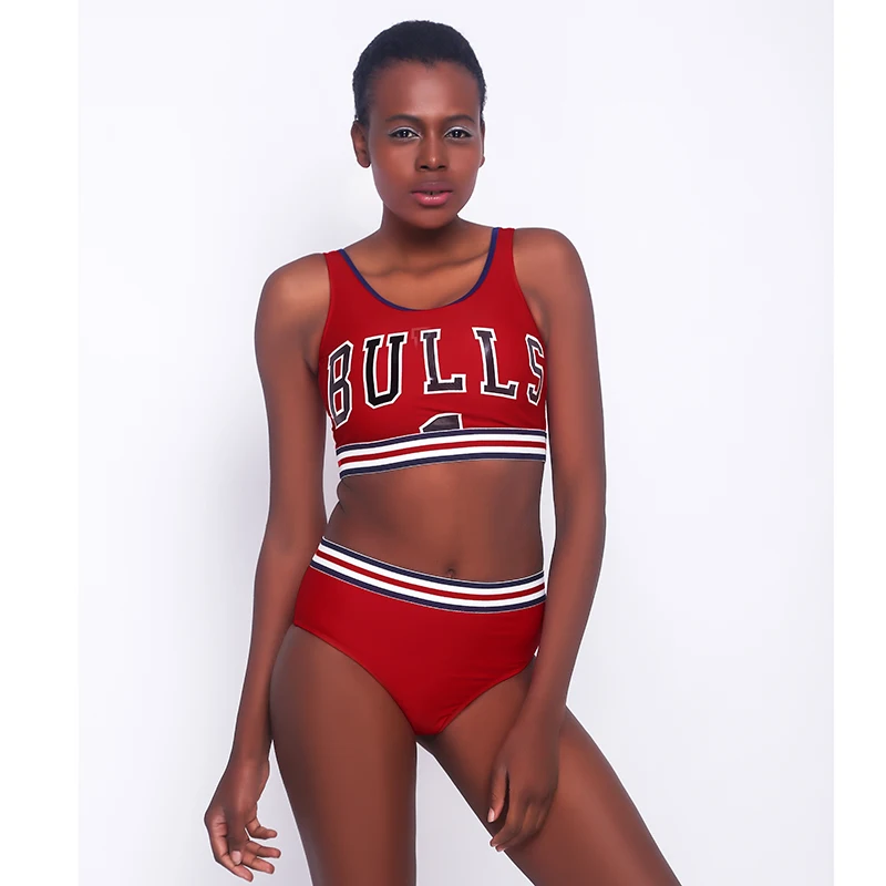 2018 Bulls Crop Top Bikini Sports Swimwear Women Red Swimsuit Summer