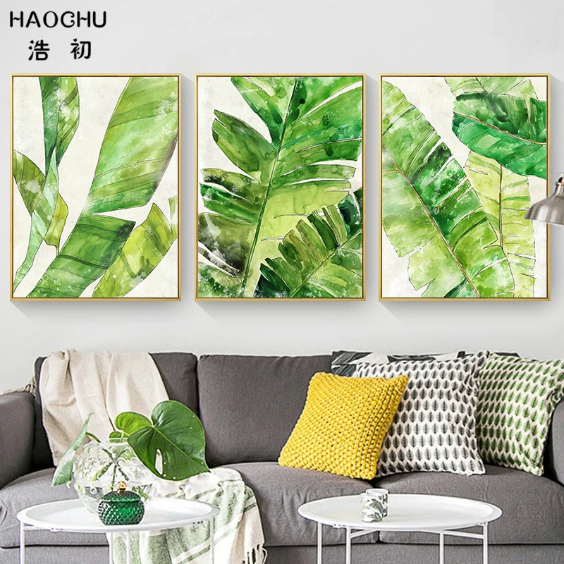 

HAOCHU Modern Pastoral Landscape Canvas Painting Watercolor Tropical Leaves Plant Wall Picture Living Room Home Decor