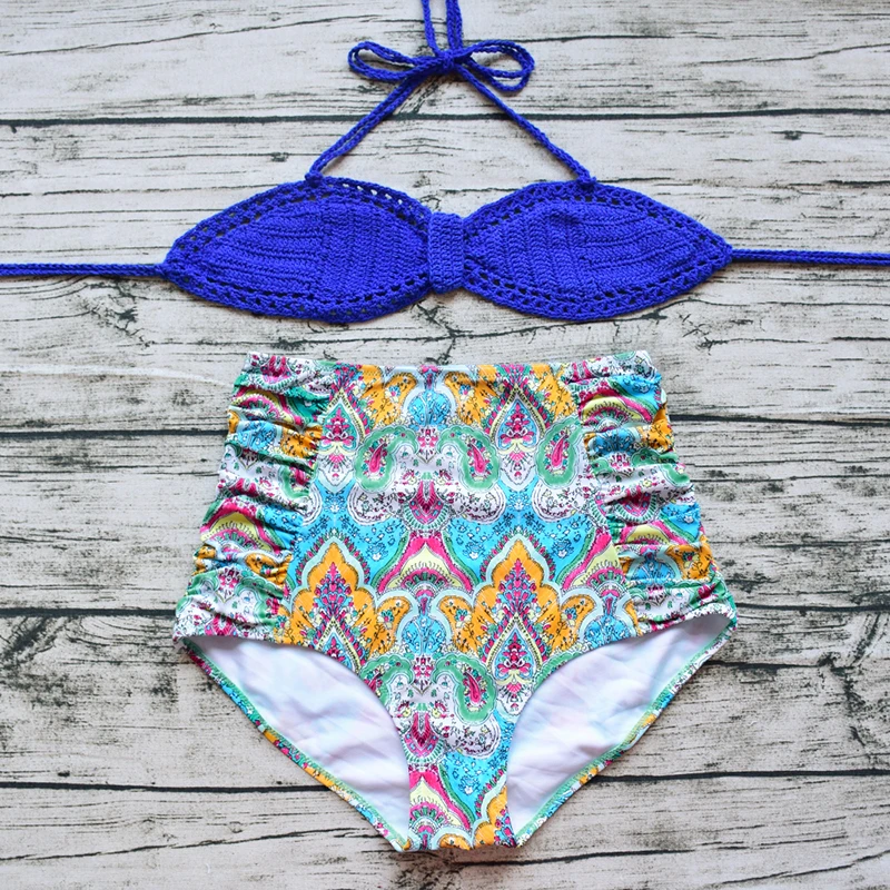 

2017 Sexy Halter Women Bikini Sets Summer Swimwear High Waisted Swimming Suit Floral Printed Customized Pattern Femme
