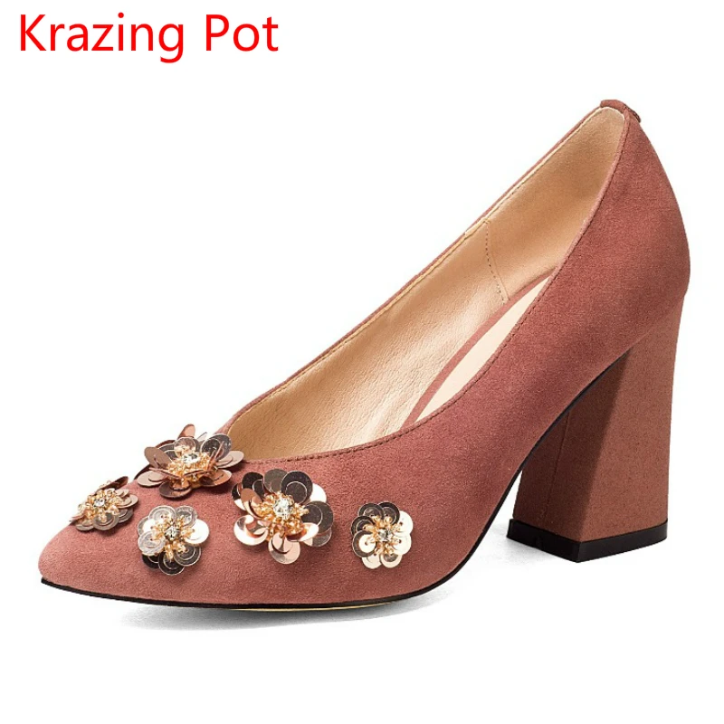 

New Arrival Kid Suede Autumn Shoes Slip on Women Pumps High Heels Pointed Toe Flower Solid Sweet Glitter Shallow Lady Shoes L6f2