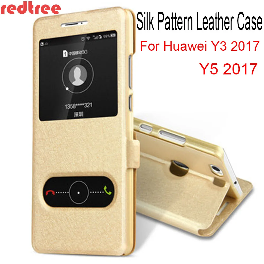 

REDTREE Silk Pattern Case for Huawei Y3 2017 View Window Flip Cover Wallet Smartphone Leather Case for Huawei Y5 2017 Celular