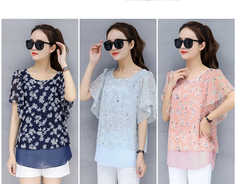 Летняя блузка корейский топ Для женщин печати шифон рубашки плюс Размеры 4XLO-Neck рукав «летучая мышь» Camisa Blusa Feminina женская одежда