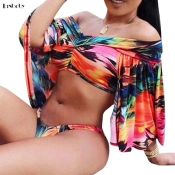 

Bikinis Brazilian Womens Swimming Suits Sexy Off Shoulder Swim Wear Printing Bathing Suits Long Sleeve Beach Bikinis Push Up