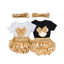 Комплекты одежды с рисунком Минни для маленьких девочек, костюмы для девочек г., золотые шаровары с рюшами+ футболка+ повязка на голову, 3 предмета, одежда для малышей