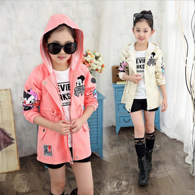 

3-10Y Girls jacket new spring autumn children outerwear coat long sleeve hooded cartoon printed girl trench coat
