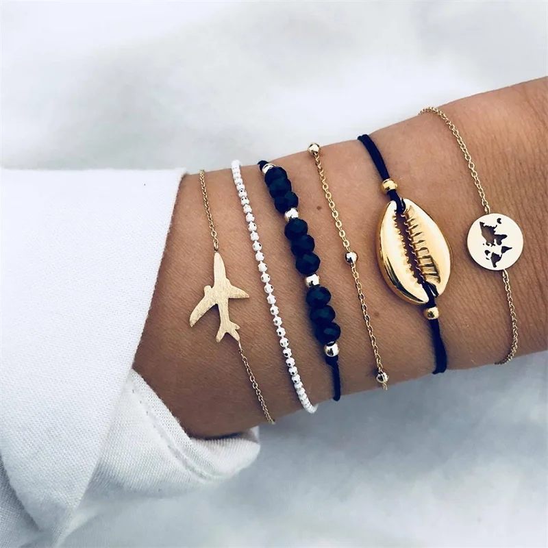 

Hot European And American Fashion Shell Plane Map bead Chain Personality Trend Bracelet Jewelry Six-piece A Direct Sale