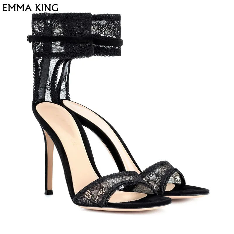 

Black Semi-sheer Stretch Lace Sandals Suede Slender Ankle Strap Stiletto Heel 100mm Heel Open Toe Buckle strap Sandalias Mujer