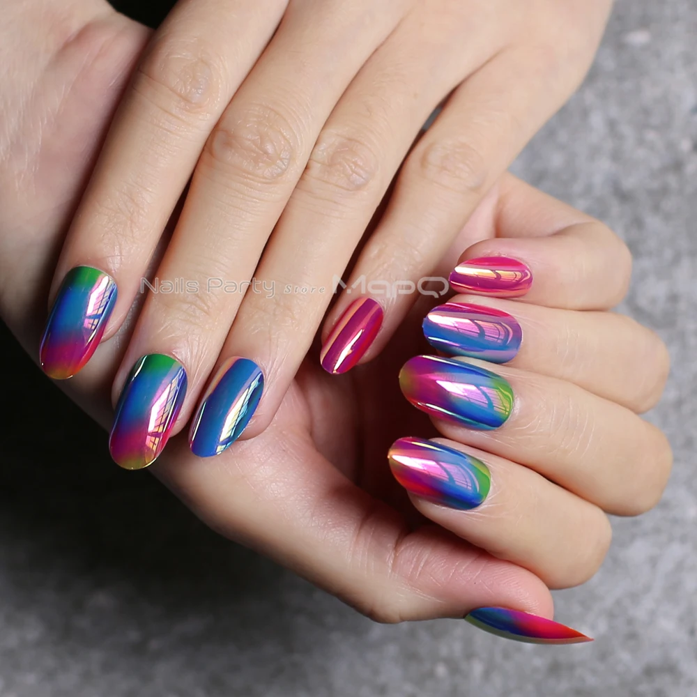 New Oval nails Blue medium cool long fake nails red metal False nails  Symphony, metallic multicolor Artistic nails charming - AliExpress Beauty &  Health