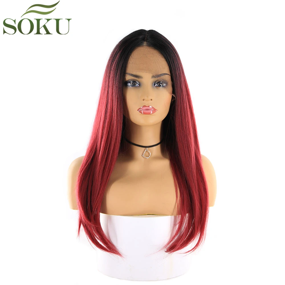 SOKU Pink Color Synthetic Lace Front Wigs For Black Women Middle Part Wig 130% Density Glueless High Temperature Fiber Wigs - Цвет: GT1B BG