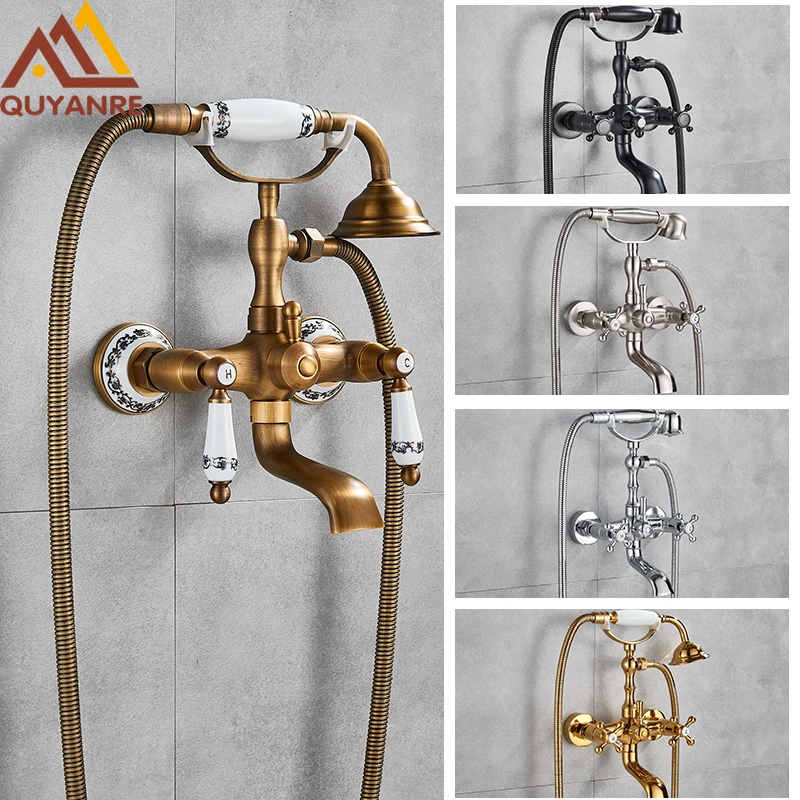 Antique Brass Golden Bathtub Shower Faucets Set Dual Knobs Mixer Tap Wall Mounted Bath Shower Set S