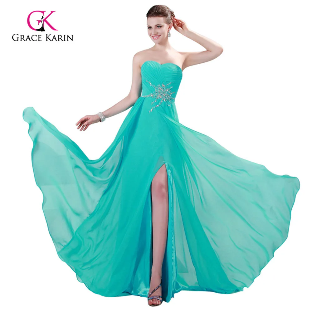 Fast Delivery Evening Dresses 2018 Grace Karin Strapless Chiffon Split Light Sea Green Evening