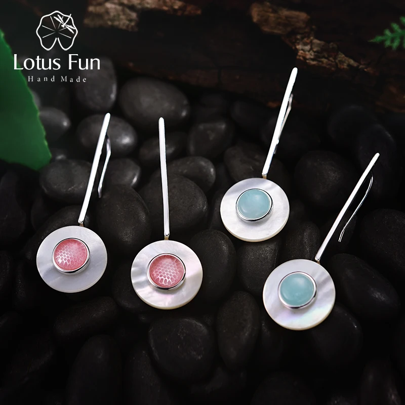 Lotus Fun 925 Sterling Silver Earrings for Women Round Amazonite Hook Drop Dangling Earring long earings fashion jewelry 2018