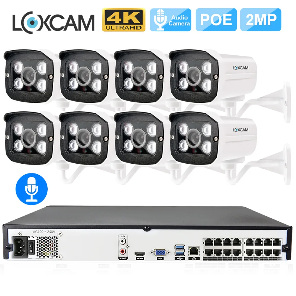 H.265 4K 16CH 5MP POE NVR CCTV System 8PCS 2MP 1080P Outdoor Audio